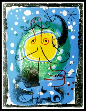 石版画 Miró - PERSONNAGE SUR FOND BLEU