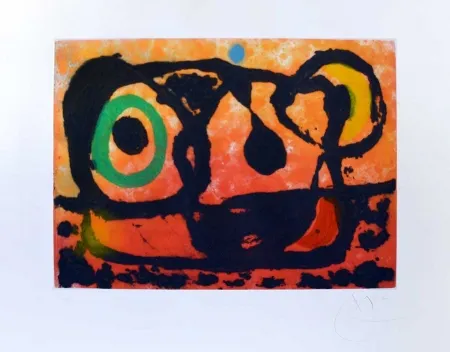 版画 Miró - Tête au soleil couchant