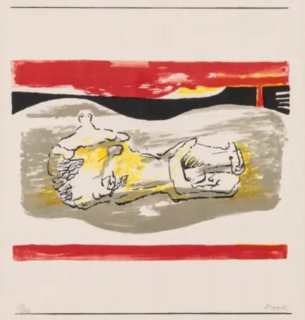 石版画 Moore - Reclining Figure with Red Stripes
