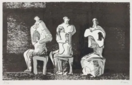 石版画 Moore - Three seated figures in setting