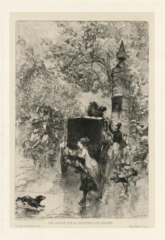 版画 Morin - Une averse sur le Boulevard des Italiens