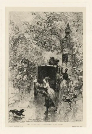 版画 Morin - Une averse sur le Boulevard des Italiens