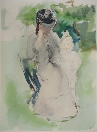 石版画 Morisot - Mère et petite fille