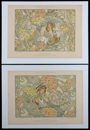 石版画 Mucha - Byzantine & Langage des Fleurs, c. 1900 - Rare set of 2 original lithographs!