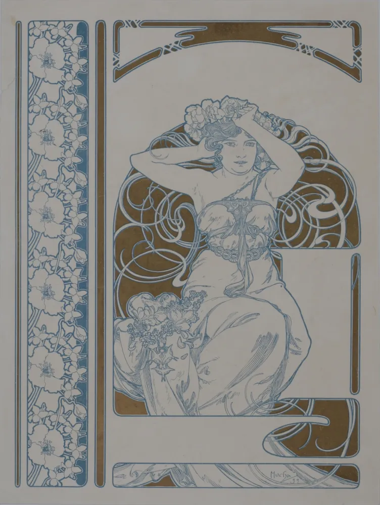 石版画 Mucha - Elegante à la couronne de fleurs