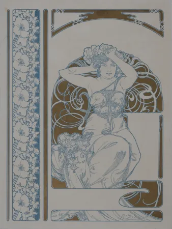 石版画 Mucha - Elegante à la couronne de fleurs