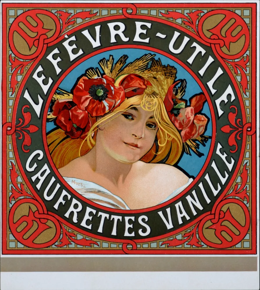 石版画 Mucha - Lefèvre-Utile, Gaufrettes vanille - Lithograph enhanced with golden ink (Very scarce!)