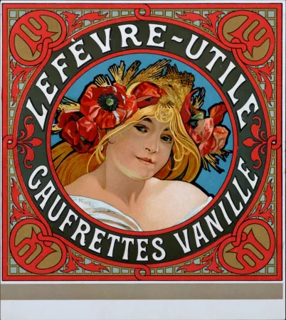 石版画 Mucha - Lefèvre-Utile, Gaufrettes vanille - Lithograph enhanced with golden ink (Very scarce!)