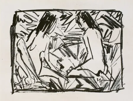 石版画 Mueller - Badende (Ein sitzendes und ein kniendes Mädchen unter Blättern) 