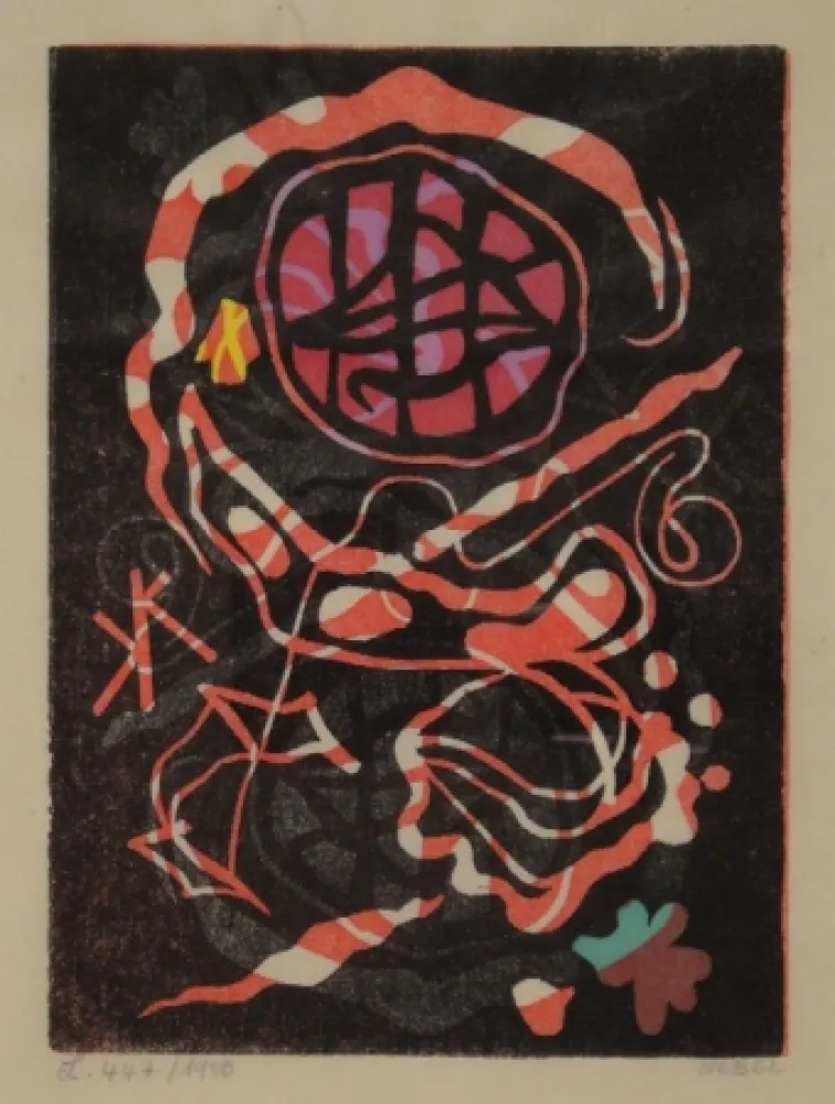 油毡版画 Nebel - Farbiger Linolschnitt, zum Teil handkoloriert. 