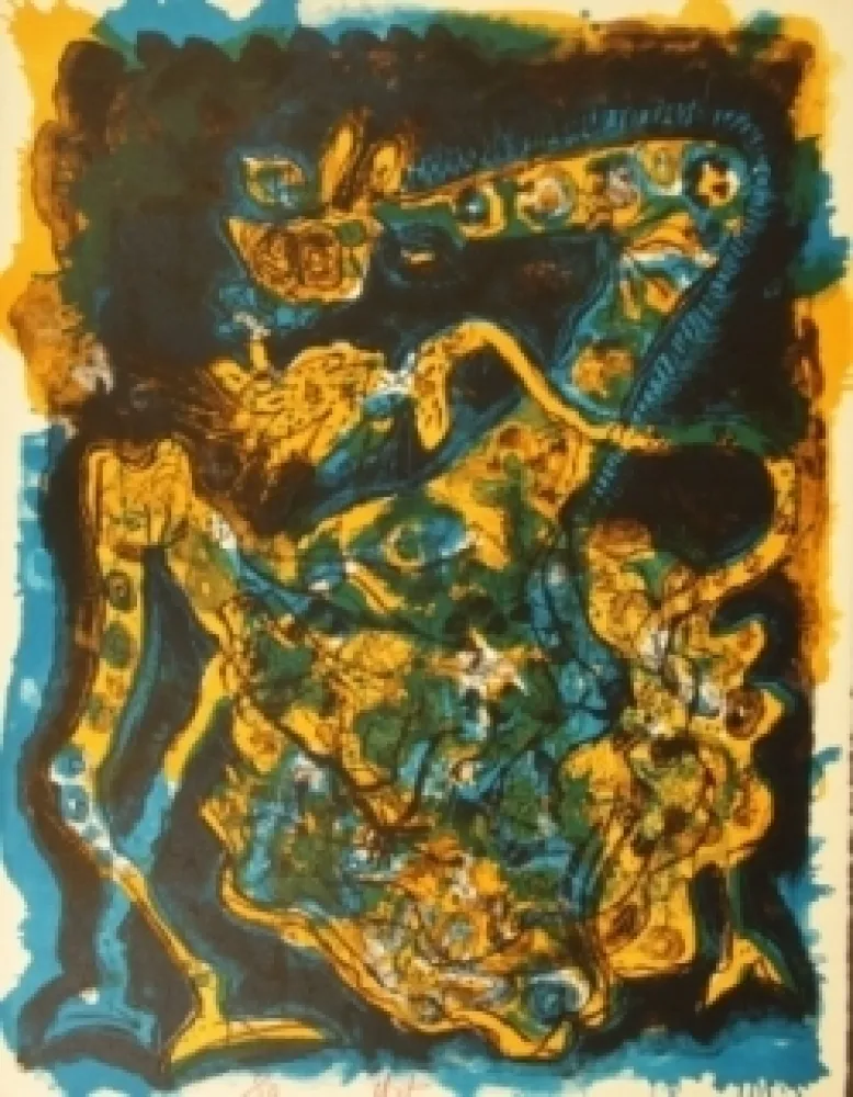 石版画 Nieto - Blaugelbe Giraffe 
