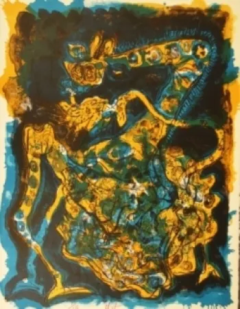 石版画 Nieto - Blaugelbe Giraffe 