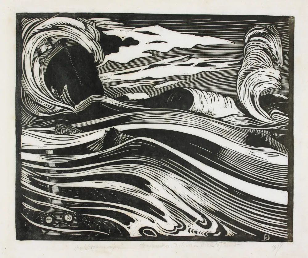 木刻 Nijland - Duikboot en mijn (Submarine and Mine)