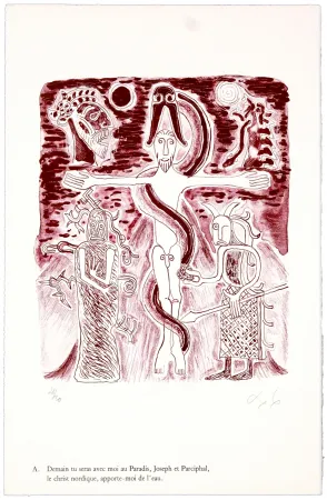 石版画 Nørgaard - A. Demain tu seras avec moi au Paradis, Joseph et Parciphal, le christ nordique, apporte-moi de l'eau