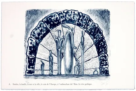 石版画 Nørgaard - A. Emden, la famille, la mer et la ville, le coin de l'Europe, l'embouchure de l'Ems. Le rêve gothique