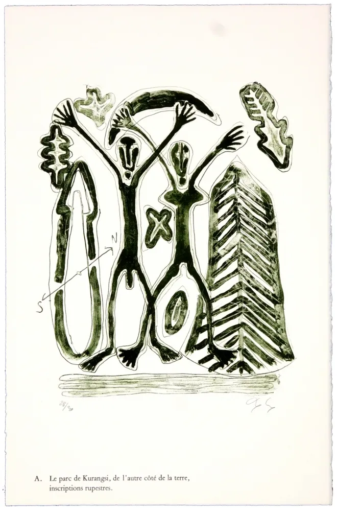 石版画 Nørgaard - A. Le parc de Kurangsi, de l'autre côté de la terre, inscriptions rupestres