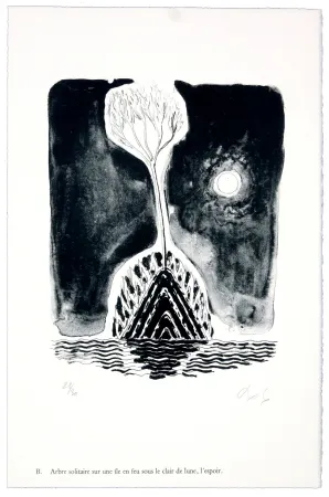 石版画 Nørgaard - B. Abre solitaire sur une ile sous le clair de lune, l'espoir