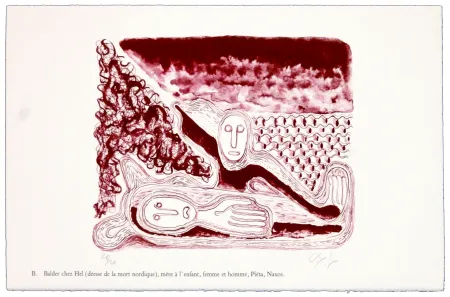 石版画 Nørgaard - B. Balder chez Hel (déesse de la mort nordique), mère de l'enfant, femme et homme, Piéta, Naxos