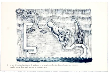 石版画 Nørgaard - B. La mer de la peine, l'architecture de la tristesse, les parents gêlent en leur impuissance, l'enfant dans le poisson, plancher couvert d'eau tandis que tout est transformé en or 