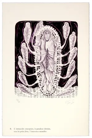 石版画 Nørgaard - B. L'immaculée conception, la paradoxe chrétien, tous les petits Jésus, l'innocence momifiée