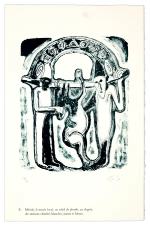 石版画 Nørgaard - B. Mérida, le musée local, un soleil de plomb, 40 degrés, des maisons chaulées blanches, jaunes et bleues