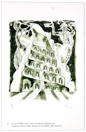 石版画 Nørgaard - C. La tour de Babel, Lene et moi, la maison du Seigneur à de nombreuses entrées, Tatlin, Samarra, la Tour Ronde, Haut Taastrup