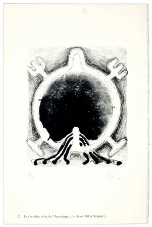 石版画 Nørgaard - C. Le chevalier, celui de l'Apocalyspe, (le cheval Hel et Sleipner).