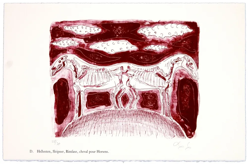 石版画 Nørgaard - D. Helhesten, Sleipner, Rimfaxe, cheval pour Horsens