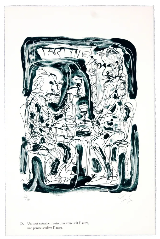 石版画 Nørgaard - D. Un mot entraîne l'autre, un verre suit l'autre, une pensée soulève l'autre.