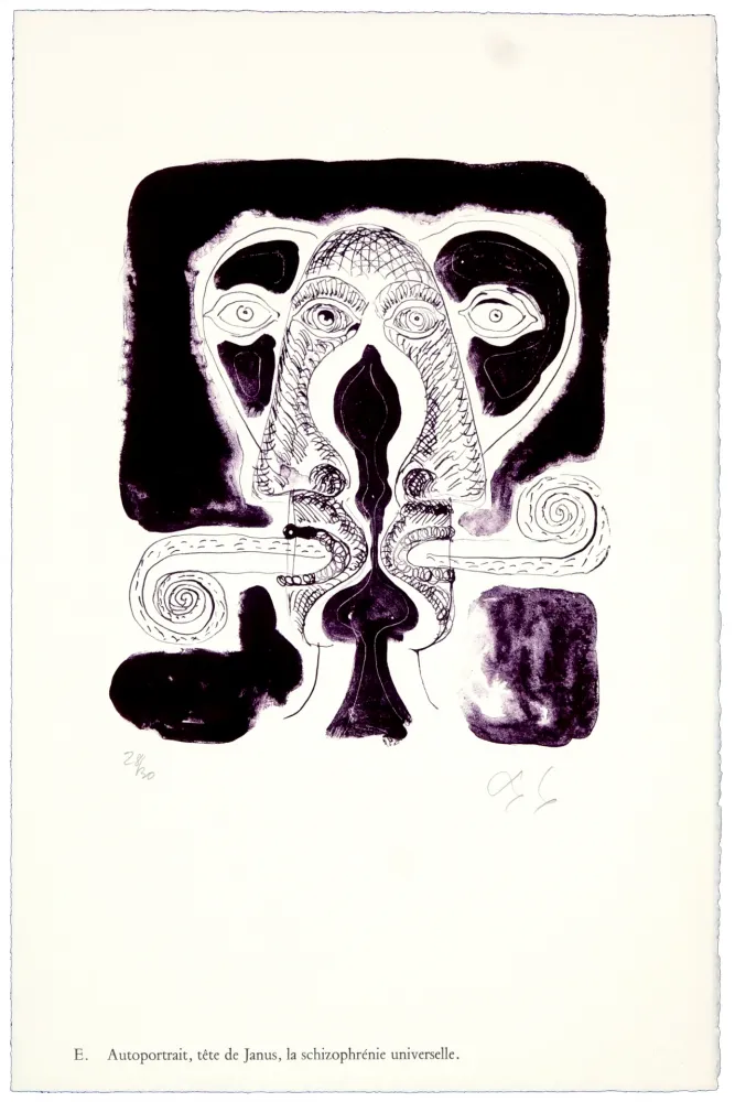 石版画 Nørgaard - E. Autoportrait, tête de Janus, la schizophrénie universelle.