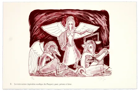 石版画 Nørgaard - E. Les trois normes (équivalent nordique des Parques), le passé, le présent et futur