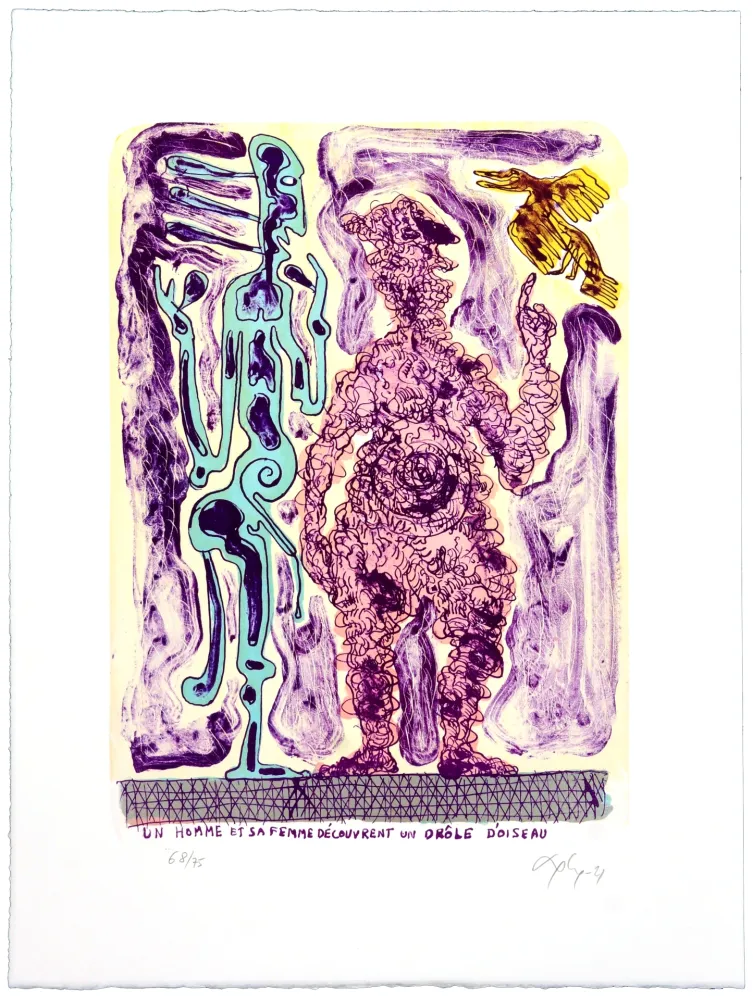 石版画 Nørgaard - Un homme et sa femme découvrent un drôle d’oiseau