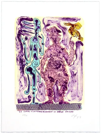 石版画 Nørgaard - Un homme et sa femme découvrent un drôle d’oiseau