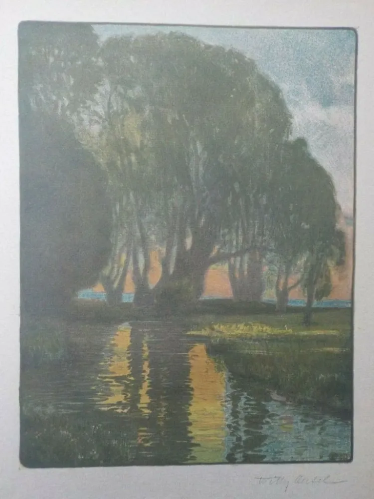 石版画 Oertel - Abend am Bach