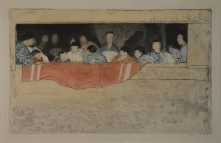 蚀刻版画 Orlik - Japanische Kinder als Zuschauer bei einem Umzug