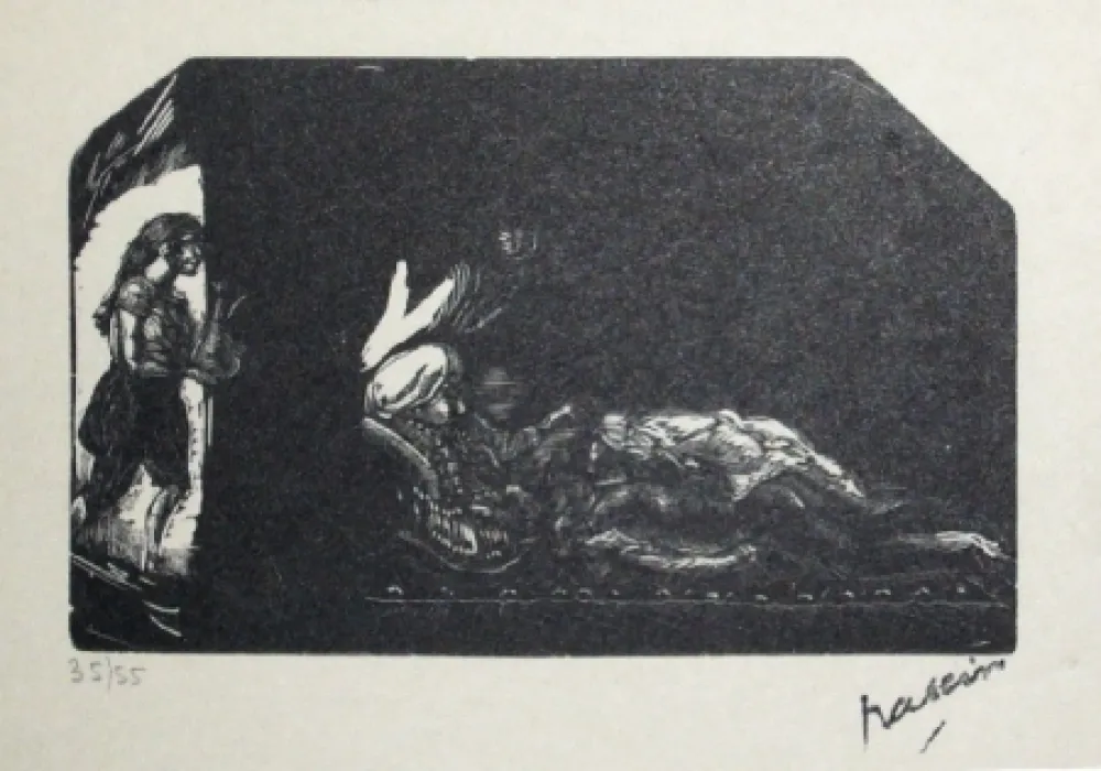 木刻 Pascin - Fille avec fleur et scene de Harem