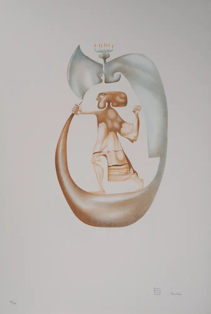 石版画 Pérahim - L'Alphabet Hébreu : Homme à la Menorah