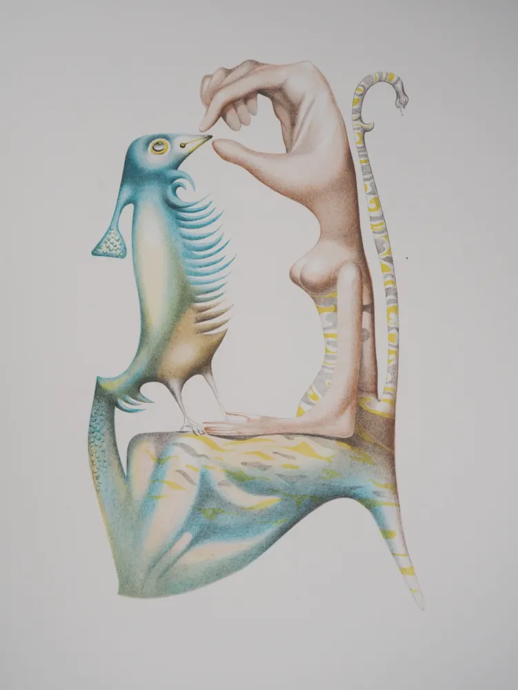 石版画 Pérahim - L'Alphabet Hébreu : Homme et oiseau