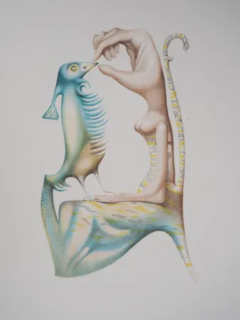 石版画 Pérahim - L'Alphabet Hébreu : Homme et oiseau