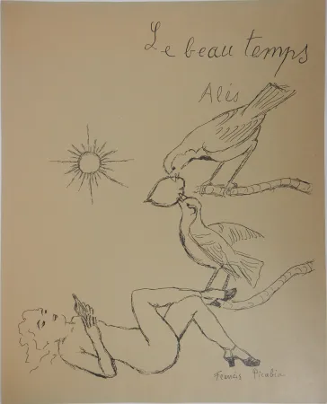 石版画 Picabia - Le beau temps : Femme aux oiseaux