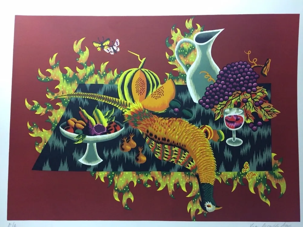 石版画 Picard Ledoux - Nature morte au faisan