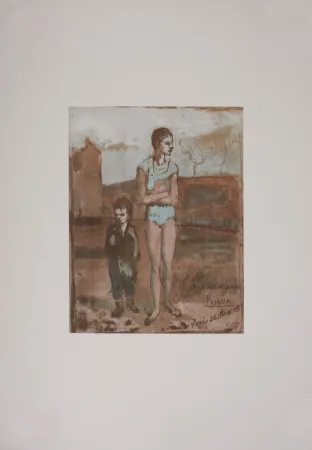 石版画 Picasso (After) - Arlequin et garçon, 1946