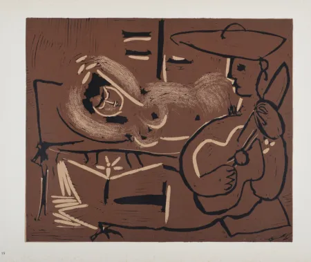 油毡版画 Picasso (After) - Femme couchée et guitariste, 1962