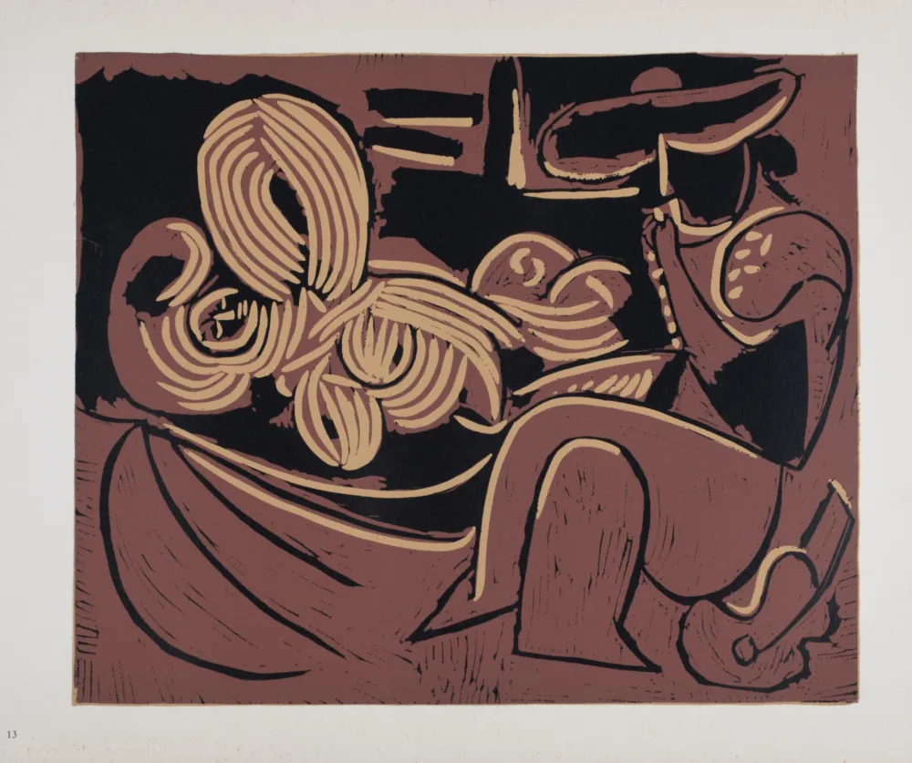 油毡版画 Picasso (After) - Femme couchée et homme à la guitare, 1962