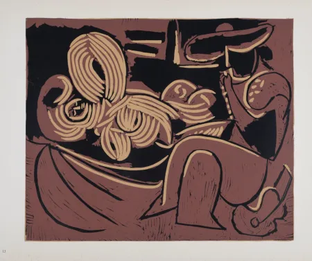 油毡版画 Picasso (After) - Femme couchée et homme à la guitare, 1962