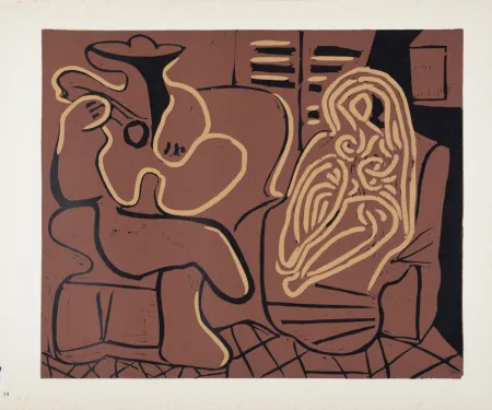 油毡版画 Picasso (After) - Femme dans un fauteuil et guitariste, 1962