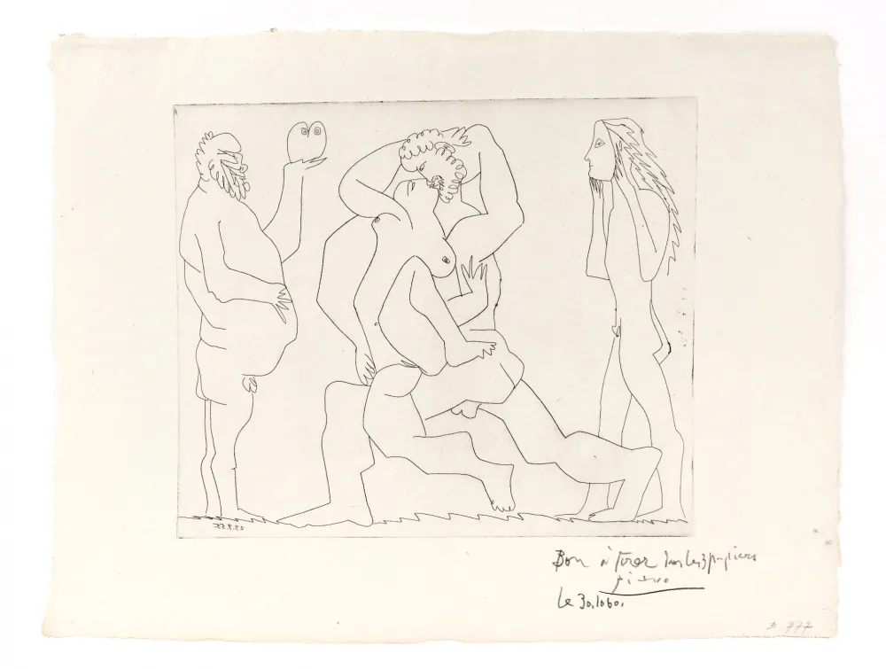 版画 Picasso - Bacchanal with Owl and Young Man in a Mask