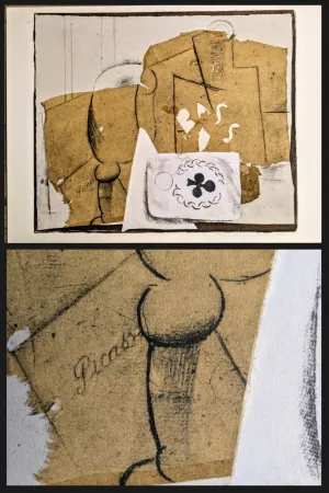 镂版印刷 Picasso - Botlle, Glass and Playing card, 1962 - Limited edition signed color lithograph with pochoir, 1962