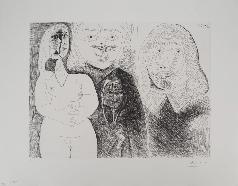 版画 Picasso - Célestine et fille, avec deux hommes en costume du XVIe siècle