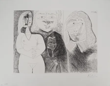 版画 Picasso - Célestine et fille, avec deux hommes en costume du XVIe siècle